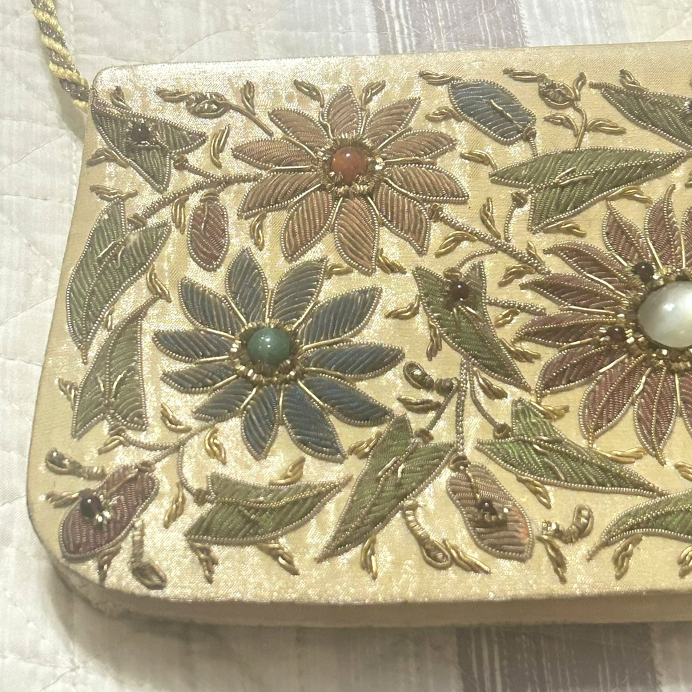 Vintage Kane M Shoulder Bag Purse Gold Beaded Floral Embroidered Stones Evening - Picture 3 of 16